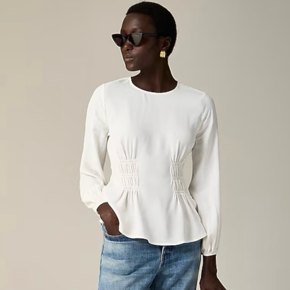 J. Crew Tops - J Crew Size 8 Ivory Shirred Waist Blouse Top in Viscose Crepe Long Sleeve NWT